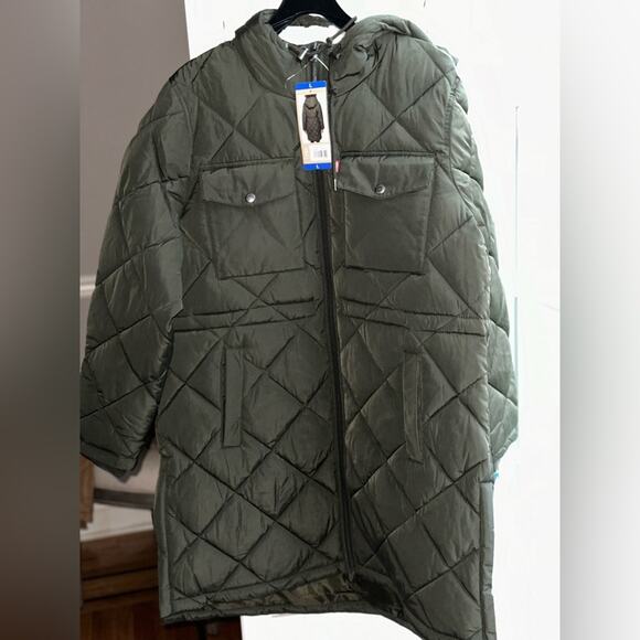 Levi's Women's Soft Sherpa Lined Diamond Quilted Long Parka Green Jacket NWT - Picture 4 of 11
